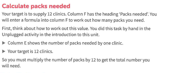 Calculate packs needed
Your target is to supply 12 clinics. Column F has the heading 'Packs needed'. You
will enter a formula into column F to work out how many packs you need.
First, think about how to work out this value. You did this task by hand in the
Unplugged activity in the introduction to this unit.
Column E shows the number of packs needed by one clinic.
Your target is 12 clinics.
So you must multiply the number of packs by 12 to get the total number you
will need.