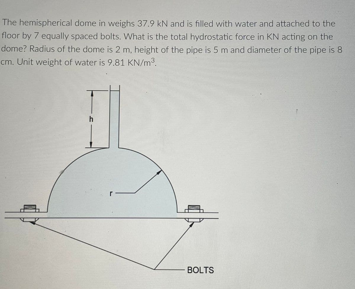 The hemispherical dome in weighs 37.9 kN and is filled with water and attached to the
floor by 7 equally spaced bolts. What is the total hydrostatic force in KN acting on the
dome? Radius of the dome is 2 m, height of the pipe is 5 m and diameter of the pipe is 8
cm. Unit weight of water is 9.81 KN/m3.
r
BOLTS

