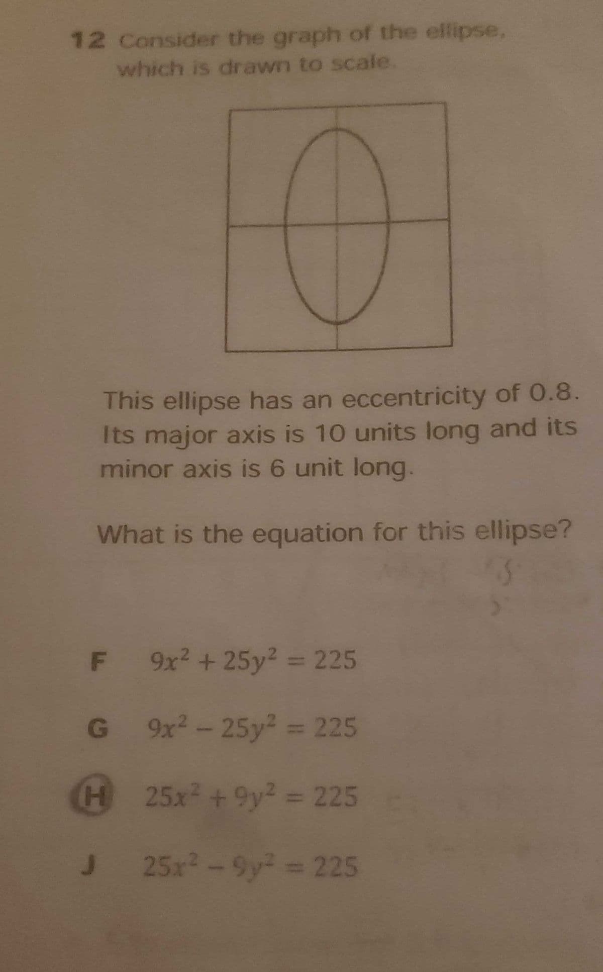 12 Consider the graph of the ellipse.
which is drawn to scale.
This ellipse has an eccentricity of 0.8.
Its major axis is 10 units long and its
minor axis is 6 unit long.
What is the equation for this ellipse?
F 9x? +25y² 225
G 9x2- 25y? = 225
H 25x +9y2 = 225
J 25x2-9y 225
