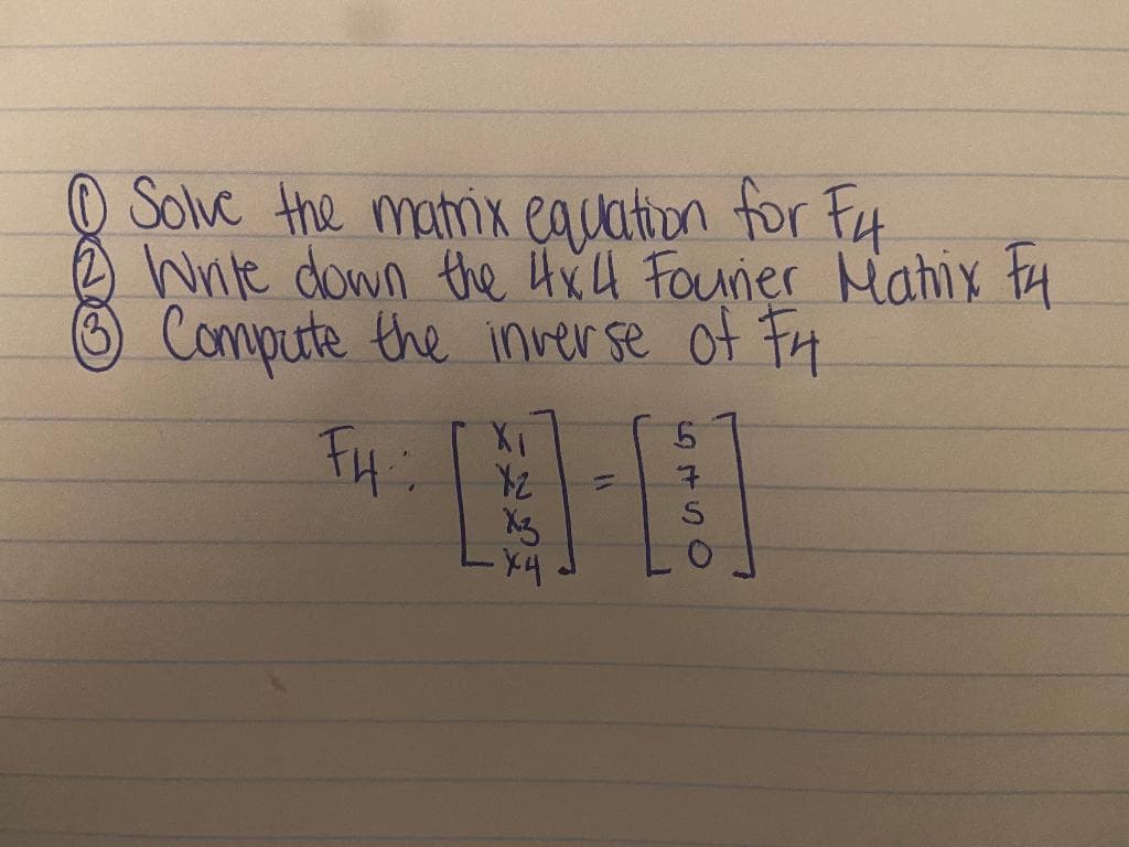 Q Soluc the marix equation for Fy
e wnie down the AxH Fourier Mahix ty
Compute the inver se of Fy
FH:
