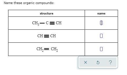 Name these organic compounds:
structure
name
CH;-C= CH
CH = CH
CH,= CH,
?
