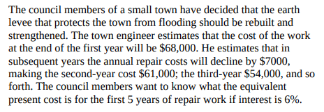 The council members of a small town have decided that the earth
levee that protects the town from flooding should be rebuilt and
strengthened. The town engineer estimates that the cost of the work
at the end of the first year will be $68,000. He estimates that in
subsequent years the annual repair costs will decline by $7000,
making the second-year cost $61,000; the third-year $54,000, and so
forth. The council members want to know what the equivalent
present cost is for the first 5 years of repair work if interest is 6%.
