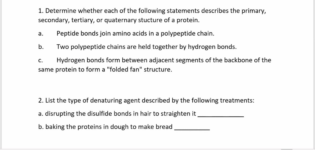 1. Determine whether each of the following statements describes the primary,
secondary, tertiary, or quaternary stucture of a protein.
а.
Peptide bonds join amino acids in a polypeptide chain.
b.
Two polypeptide chains are held together by hydrogen bonds.
c.
Hydrogen bonds form between adjacent segments of the backbone of the
same protein to form a "folded fan" structure.
2. List the type of denaturing agent described by the following treatments:
a. disrupting the disulfide bonds in hair to straighten it
b. baking the proteins in dough to make bread
