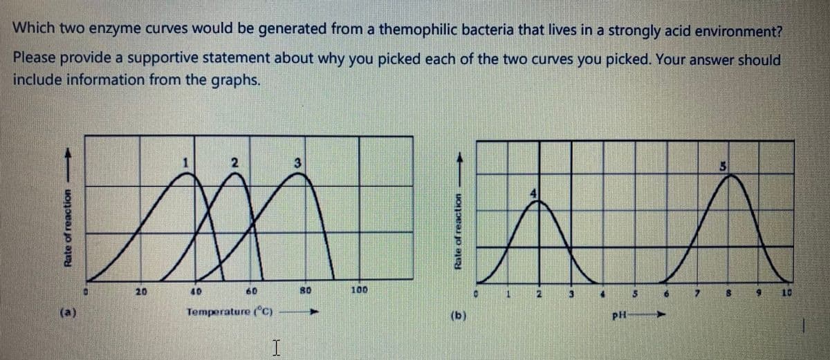 Which two enzyme curves would be generated from a themophilic bacteria that lives in a strongly acid environment?
Please provide a supportive statement about why you picked each of the two curves you picked. Your answer should
include information from the graphs.
(a)
3
5
MA A
100
7
8
20
2
40
60
Temperature (°C)
I
80
➤
(b)
1
2
3
4
PH
5
6
➤
9
10
