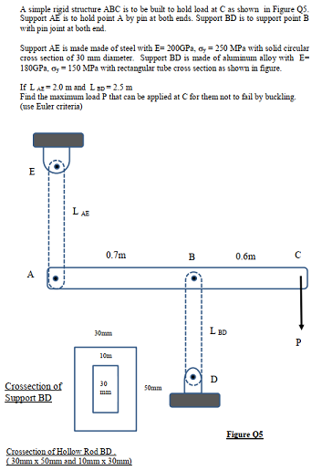 A simple rigid structure ABC is to be built to hold load at C as shown in Figure QS.
Support AE is to hold point A by pin at both ends. Support BD is to support point B
with pin joint at both end.
Support AE is made made of steel with E= 200GPA, ay = 250 MPa with solid circular
cross section of 30 mm diameter. Support BD is made of akaminum alloy with E-
180GPA, oy = 150 MPa with rectangular tube cross section as shown in figure.
If LAz= 2.0 m and LED= 2.5 m
Find the maximum load P that can be applied at C for them not to fail by buckling.
(use Euler criteria)
E
L AE
0.7m
B
0.6m
A
30mm
L D
10m
D
30
Crossection of
Support BD
50mm
Figure 05
Crossection of Hollow Rod BD.
(30mm x 50mm and 10mm x 30mm)
