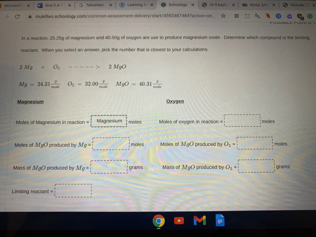 Microsoft
W
final E.A 1.
G fahrenheit
Learning M X
9Schoology X
Och 9 key6.p x
Bb Molar Mas
S Periodic T
A mukilteo.schoology.com/common-assessment-delivery/start/4592487484?action%3D0...
PUSSIDLE PUIINI3. I
In a reaction, 25.25g of magnesium and 40.50g of oxygen are use to produce magnesium oxide. Determine which compound is the limiting
reactant. When you select an answer, pick the number that is closest to your calculations.
2 Mg
02
2511 ->
2 Mg0
Mg
24.31-
mole
O2 = 32.00–9
mole
Mg0 = 40.31
mole
Magnesium
Oxygen
Moles of Magnesium in reaction =
Magnesium
moles
Moles of oxygen in reaction =i
moles
Moles of MgO produced by Mg =i
moles
Moles of MgO produced by O2 =
'moles
Mass of MgO produced by Mg =:
grams
Mass of MgO produced by O2 =
grams
Limiting reactant = i
