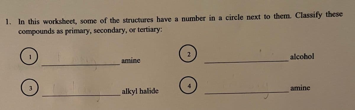 1. In this worksheet, some of the structures have a number in a circle next to them. Classify these
compounds as primary, secondary, or tertiary:
1
2
alcohol
amine
3
4
amine
alkyl halide
