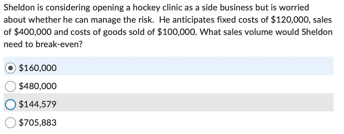Sheldon is considering opening a hockey clinic as a side business but is worried
about whether he can manage the risk. He anticipates fixed costs of $120,000, sales
of $400,000 and costs of goods sold of $100,000. What sales volume would Sheldon
need to break-even?
$160,000
$480,000
$144,579
$705,883