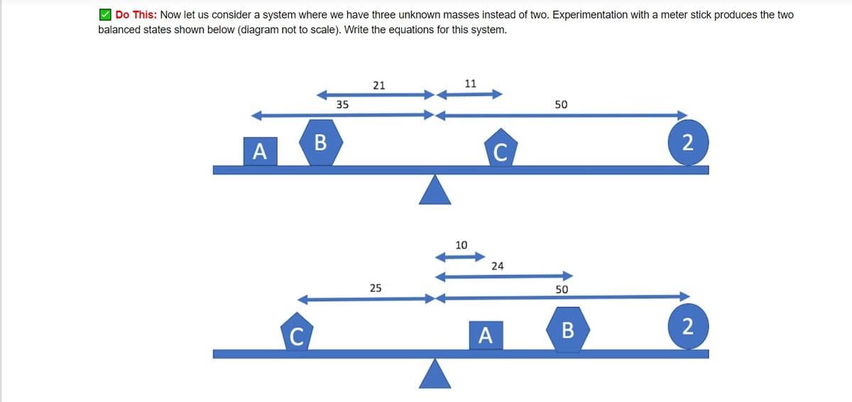 V Do This: Now let us consider a system where we have three unknown masses instead of two. Experimentation with a meter stick produces the two
balanced states shown below (diagram not to scale). Write the equations for this system.
21
11
35
50
A
10
24
25
50
2
C
A
2.
