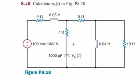 8.28 Calculate vAt) in Fig. P8.28.
40 0.05 H
50
100 cos 100/ V
0.04 H
10
1000 uF
ve(t)
Figure P8.28
