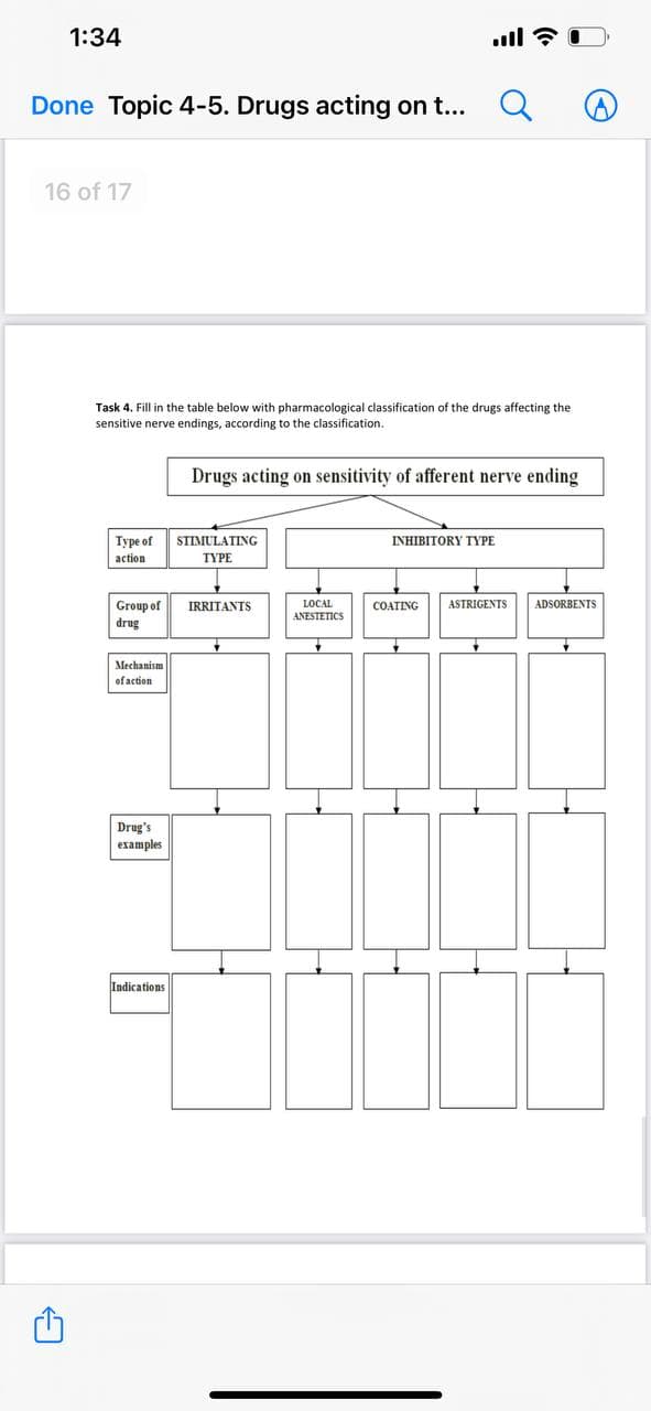 1:34
Done Topic 4-5. Drugs acting on t...
16 of 17
Task 4. Fill in the table below with pharmacological classification of the drugs affecting the
sensitive nerve endings, according to the classification.
Drugs acting on sensitivity of afferent nerve ending
INHIBITORY TYPE
Туре оf
action
STIMULATING
TYPE
LOCAL
ANESTETICS
IRRITANTS
ASTRIGENTS
ADSORBENTS
Group of
drug
COATING
Mechanism
of action
Drug's
|ехаmples
Indications
