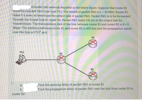 Consider the network depicted in the below figure. Suppose that router R1
receives a packet Pktl from host PC1. The length of packet Pktl is L = 25 Mbit. Router R1
takes 0.4 msec to determine the output link of packet Pktl. Packet Pktl is to be forwarded.
through the output link to router R2. Packet Pktl waits 136 ms at the output link for
transmission. The transmission link of the link between router R1 and router R2 is R = 5
Mbps. The distance between router R1 and router R2 is 400 Km and the propagation speed
over the link is 2*108 m/s.
PC1
a.
b
router R2.
R1
R2
R3
Find the queuing delay of packet Pktl at router R1.
Find the propagation delay of packet Pktl over the link from router R1 to
