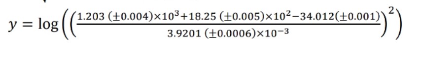 (1.203 (+0.004)x103+18.25 (±0.005)×10²–34.012(+0.001)
y = log
3.9201 (+0.0006)x10-3
