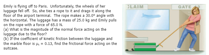 Emily is flying off to Paris. Unfortunately, the wheels of her
luggage fell off. So, she ties a rope to it and drags it along the
floor of the airport terminal. The rope makes a 30.0° angle with
the horizontal. The luggage has a mass of 25.0 kg and Emily pulls
on the rope with a force of 65.0 N.
(a) What is the magnitude of the normal force acting on the
luggage due to the floor?
(b) If the coefficient of kinetic friction between the luggage and
the marble floor is HK = 0.13, find the frictional force acting on the
suitcase.
CLAIM
GATE