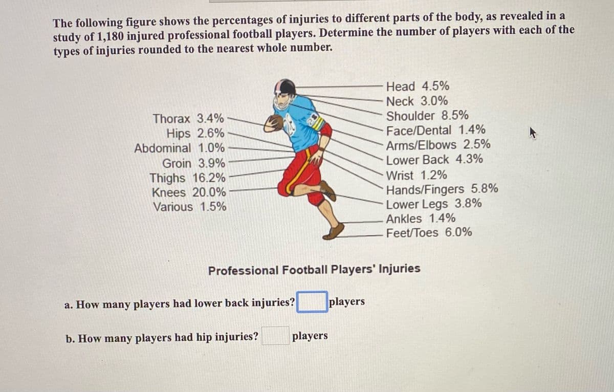 The following figure shows the percentages of injuries to different parts of the body, as revealed in a
study of 1,180 injured professional football players. Determine the number of players with each of the
types of injuries rounded to the nearest whole number.
Head 4.5%
Neck 3.0%
Shoulder 8.5%
Face/Dental 1.4%
Arms/Elbows 2.5%
Lower Back 4.3%
Thorax 3.4%-
Hips 2.6%
Abdominal 1.0%
Groin 3.9%
Wrist 1.2%
Thighs 16.2%
Knees 20.0%
Hands/Fingers 5.8%
Lower Legs 3.8%
Ankles 1.4%
Various 1.5%
Feet/Toes 6.0%
Professional Football Players' Injuries
a. How many players had lower back injuries?
players
b. How many players had hip injuries?
players
