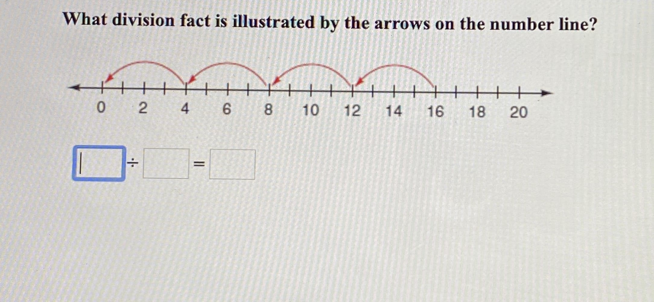 What division fact is illustrated by the arrows on the number line?
+
0 2 4
8 10
12
14
16
18
20
