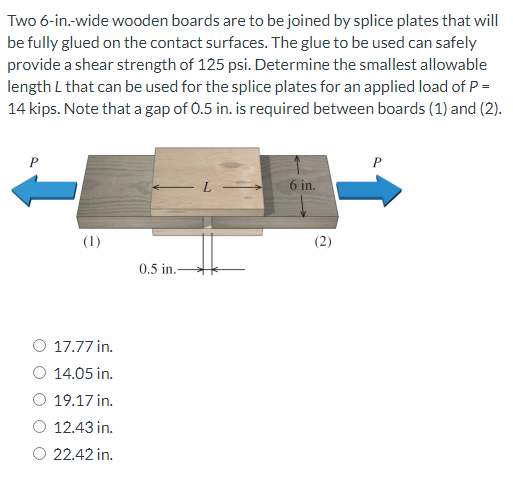 Two 6-in.-wide wooden boards are to be joined by splice plates that will
be fully glued on the contact surfaces. The glue to be used can safely
provide a shear strength of 125 psi. Determine the smallest allowable
length L that can be used for the splice plates for an applied load of P =
14 kips. Note that a gap of 0.5 in. is required between boards (1) and (2).
P
P
L
6 in.
(1)
17.77 in.
14.05 in.
O 19.17 in.
12.43 in.
O 22.42 in.
0.5 in.-