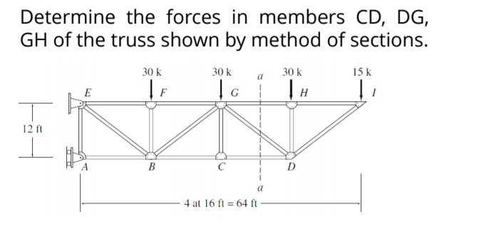 Determine the forces in members CD, DG,
GH of the truss shown by method of sections.
30 k
30 k
30 k
15 k
E
|G|H
↓,
12 ft
C
4 at 16 ft 64 ft
| F
B