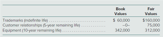 Falr
Book
Values
Values
Trademarks (indefinite life) ....
Customer relationships (5-year remaining life)
Equipment (10-year remaining life) .
$ 60,000
$160,000
75,000
-0-
342,000
312,000
