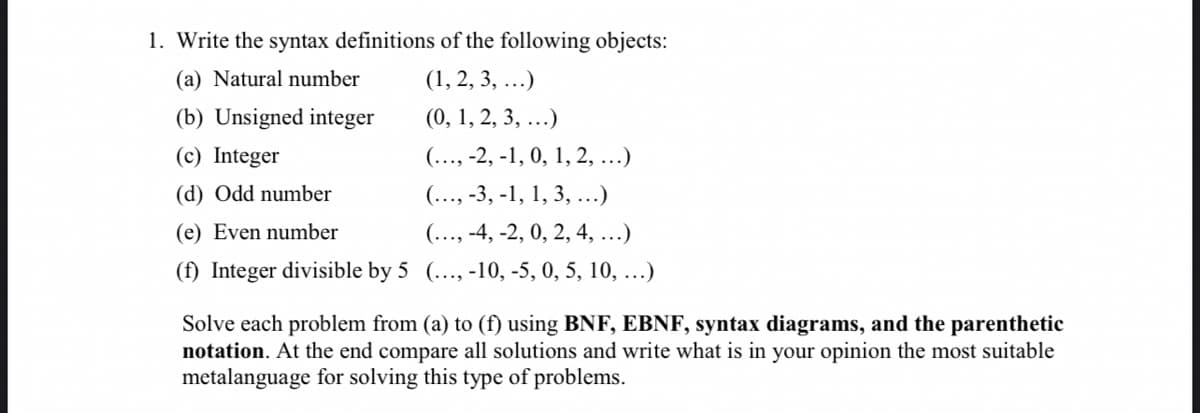 1. Write the syntax definitions of the following objects:
(a) Natural number
(1, 2, 3, ...)
(b) Unsigned integer
(0, 1, 2, 3, ...)
(c) Integer
(..., -2, -1, 0, 1, 2, ...)
(d) Odd number
(..., -3, -1, 1, 3, ...)
(e) Even number
(..., -4, -2, 0, 2, 4, ...)
(f) Integer divisible by 5 (..., -10, -5, 0, 5, 10, ...)
Solve each problem from (a) to (f) using BNF, EBNF, syntax diagrams, and the parenthetic
notation. At the end compare all solutions and write what is in your opinion the most suitable
metalanguage for solving this type of problems.