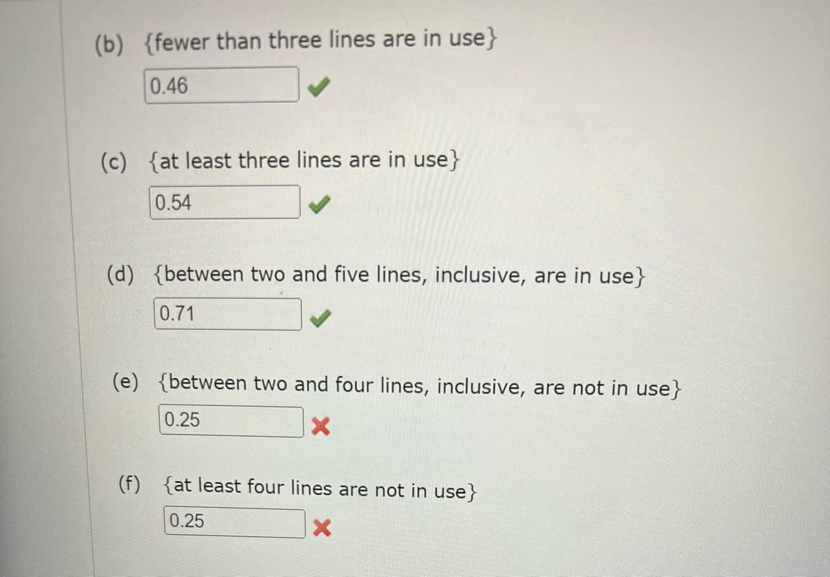 (b) {fewer than three lines are in use}
0.46
(c)
{at least three lines are in use}
0.54
(d) {between two and five lines, inclusive, are in use}
0.71
(e) {between two and four lines, inclusive, are not in use}
0.25
(f) {at least four lines are not in use}
0.25
