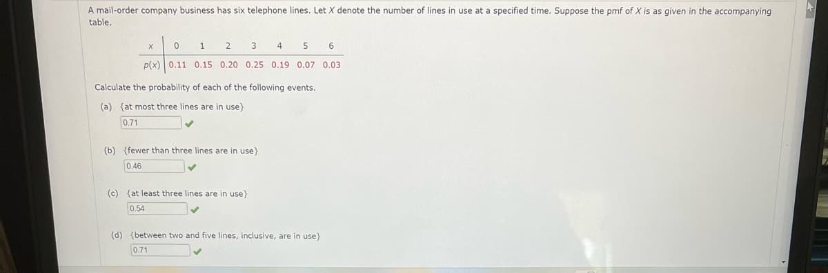 A mail-order company business has six telephone lines. Let X denote the number of lines in use at a specified time. Suppose the pmf of X is as given in the accompanying
table.
0 1
3 4 5
P(x) 0.11 0.15 0.20 0.25 0.19 0.07 0.03
Calculate the probability of each of the following events.
(a) {at most three lines are in use}
0.71
(b) (fewer than three lines are in use}
0.46
(c)
{at least three lines are in use}
0.54
(d) (between two and five lines, inclusive, are in use}
0.71
