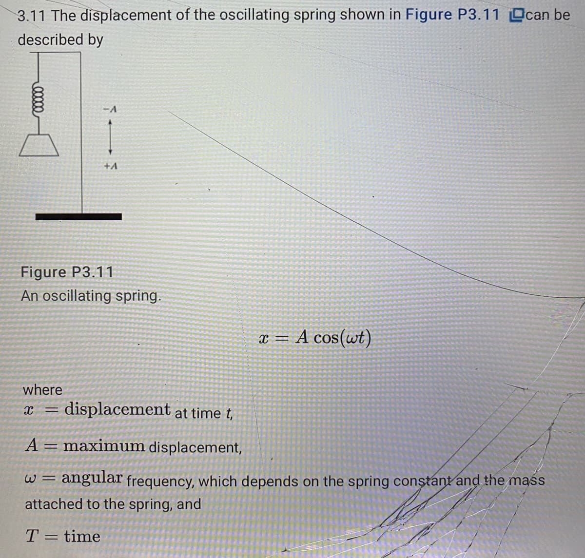 3.11 The displacement of the oscillating spring shown in Figure P3.11 Ocan be
described by
-A
Figure P3.11
An oscillating spring.
x = A cos(wt)
where
displacement at time t,
A
maximum displacement,
%3D
w = angular frequency, which depends on the spring constant and the mass
attached to the spring, and
T = time
