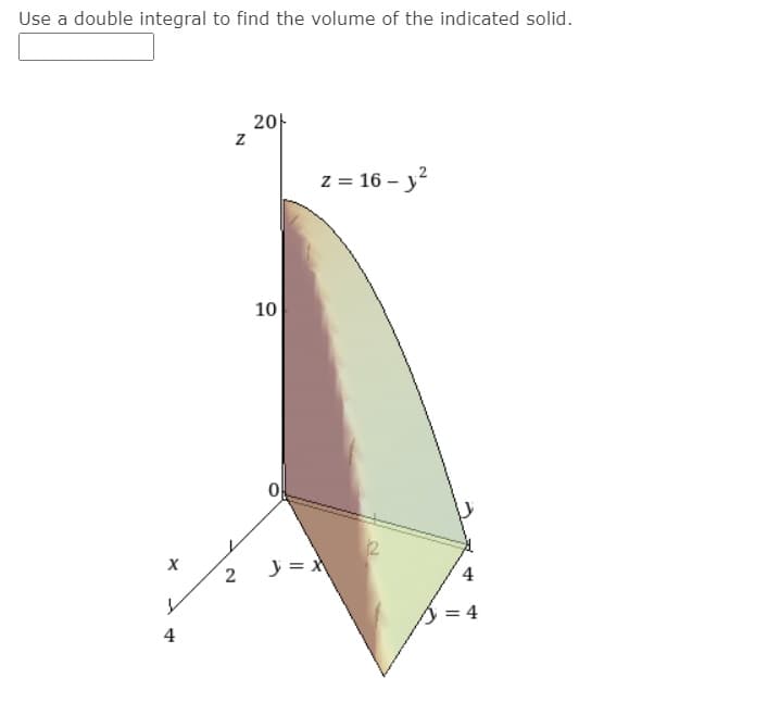 Use a double integral to find the volume of the indicated solid.
201
z = 16 – y?
10
2
4
= 4
4
