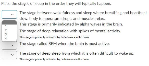Place the stages of sleep in the order they will typically happen.
1234
The stage between wakefulness and sleep where breathing and heartbeat
slow, body temperature drops, and muscles relax.
This stage is primarily indicated by alpha waves in the brain.
The stage of deep relaxation with spikes of mental activity.
This stage is primarily indicated by theta waves in the brain.
The stage called REM when the brain is most active.
The stage of deep sleep from which it is often difficult to wake up.
This stage is primarily indicated by delta waves in the brain.