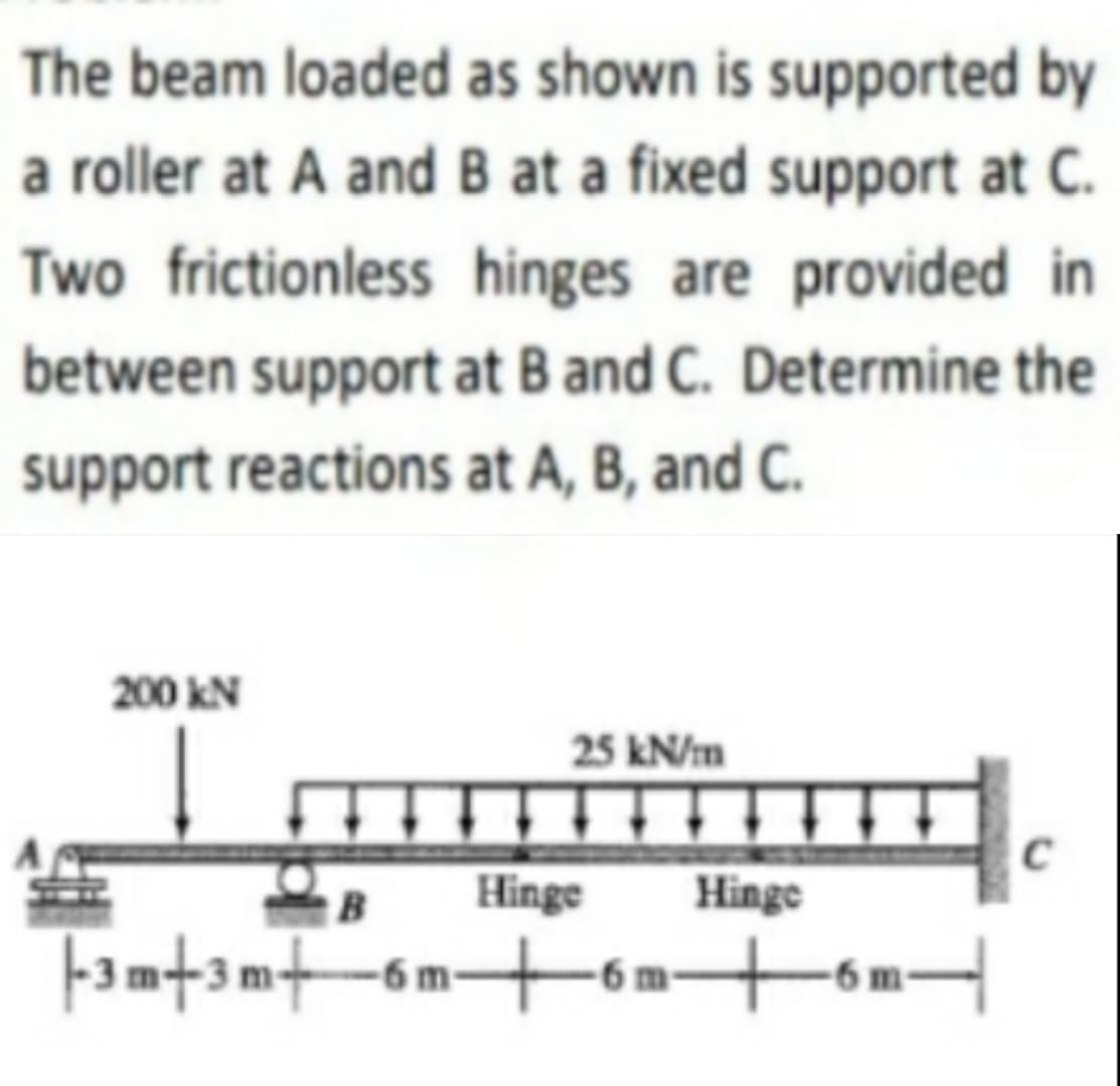 The beam loaded as shown is supported by
a roller at A and B at a fixed support at C.
Two frictionless hinges are provided in
between support at B and C. Determine the
support reactions at A, B, and C.
200 kN
25 kN/m
C
Hinge Hinge
m+6m-
6 m-
