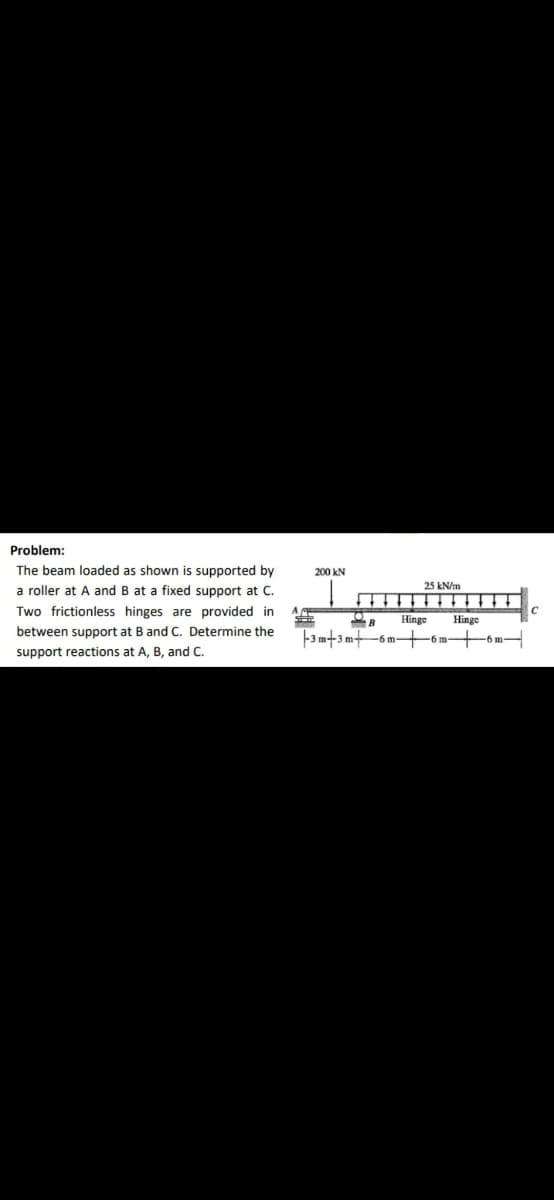 Problem:
The beam loaded as shown is supported by
200 kN
a roller at A and B at a fixed support at C.
25 kN/m
Two frictionless hinges are provided in
Hinge
Hinge
between support at B and C. Determine the
-3 m+3 m-6m-+6m
-6 m-
support reactions at A, B, and C.
