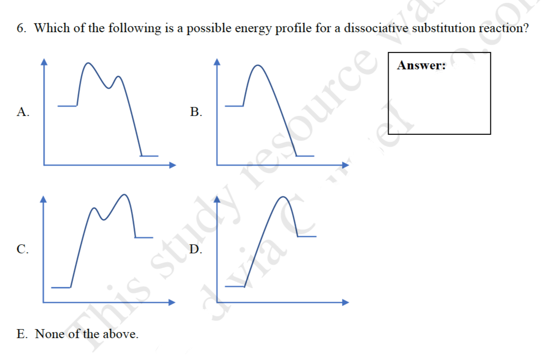 6. Which of the following is a possible energy profile for a dissociative substitution reaction?
his study eburce
Via
А.
Answer:
В.
С.
E. None of the above.
