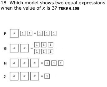 18. Which model shows two equal expressions
when the value of x is 3? TEKS 6.10B
G
H
