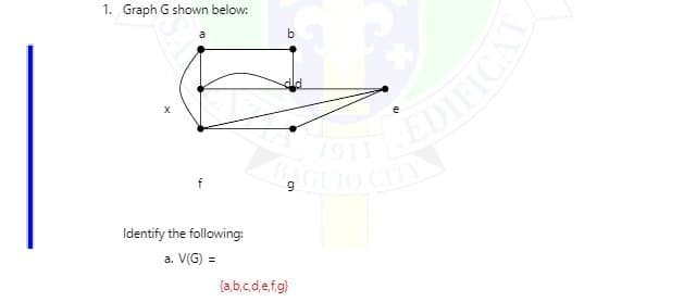 1. Graph G shown below:
1911
CUIO CITY
BA
Identify the following:
a. V(G) =
(a,b,c,d,e.f.g)
EDIFICAL
