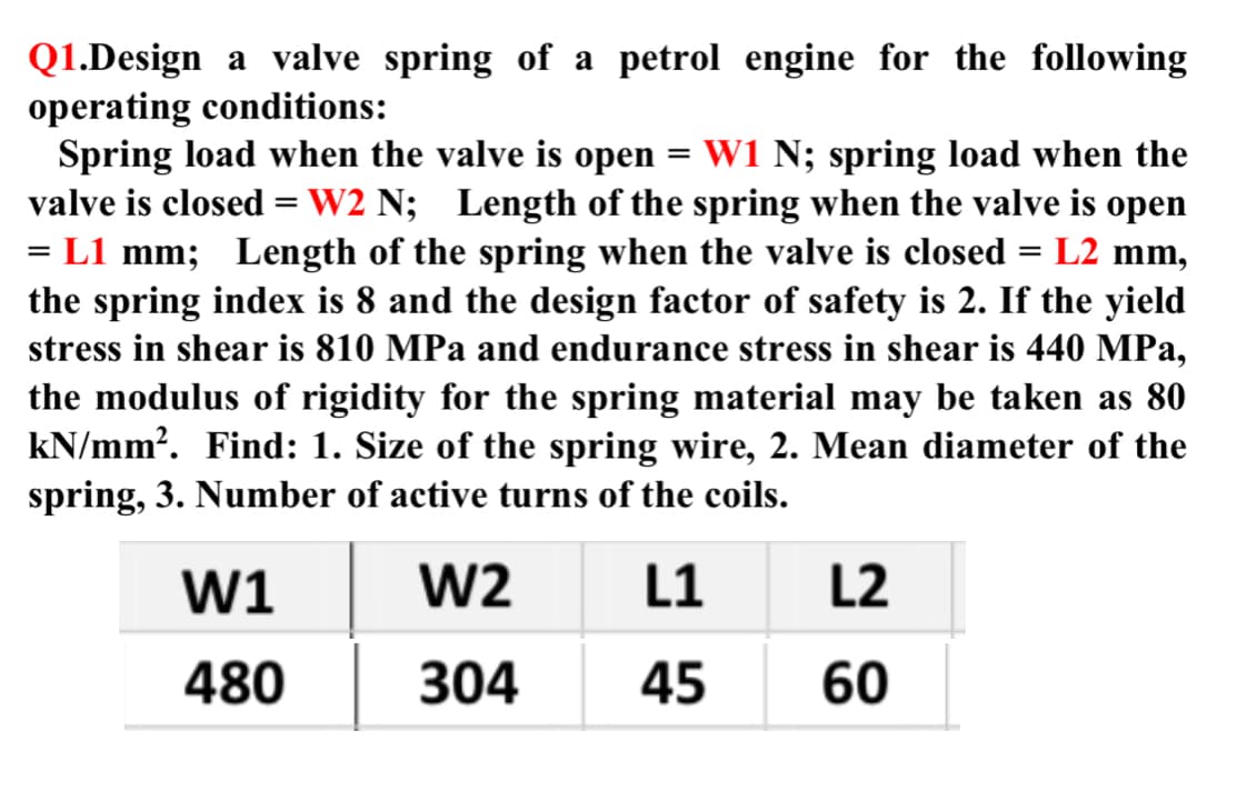 Q1.Design a valve spring of a petrol engine for the following
operating conditions:
Spring load when the valve is open = W1 N; spring load when the
valve is closed =W2 N; Length of the spring when the valve is open
= L1 mm; Length of the spring when the valve is closed = L2 mm,
the spring index is 8 and the design factor of safety is 2. If the yield
stress in shear is 810 MPa and endurance stress in shear is 440 MPa,
the modulus of rigidity for the spring material may be taken as 80
kN/mm?. Find: 1. Size of the spring wire, 2. Mean diameter of the
spring, 3. Number of active turns of the coils.
%3D
W1
W2
L1
L2
480
304
45
60
