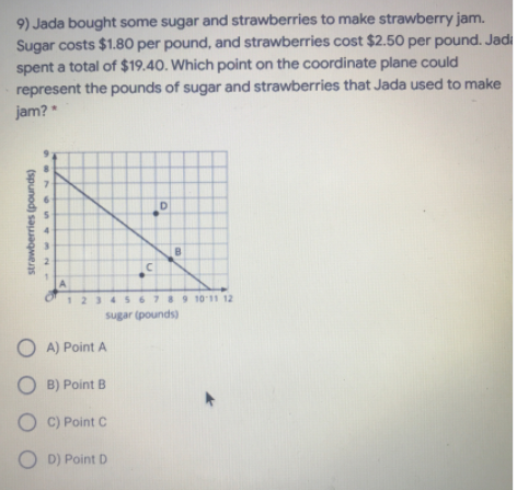 9) Jada bought some sugar and strawberries to make strawberry jam.
Sugar costs $1.80 per pound, and strawberries cost $2.50 per pound. Jadi
spent a total of $19.40. Which point on the coordinate plane could
represent the pounds of sugar and strawberries that Jada used to make
jam? "
D
A
O123 4 56789 1011 12
sugar (pounds)
O A) Point A
O B) Point B
O C) Point C
O D) Point D
strawberries (pounds)
B.
