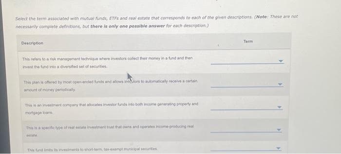 Select the term associated with mutual funds, ETFs and real estate that corresponds to each of the given descriptions. (Note: These are not
necessarily complete definitions, but there is only one possible answer for each description.)
Description
This refers to a risk management technique where investors collect their money in a fund and then
invest the fund into a diversified set of securities
This plan is offered by most open-ended funds and allows intors to automatically receive a certain
amount of money periodically
This is an investment company that allocates investor funds into both income generating property and
mortgage loans
This is a specific type of real estate investment trust that owns and operates income-producing real
This fund limits its investments to short-term, tax-exempt municipal securities
Term