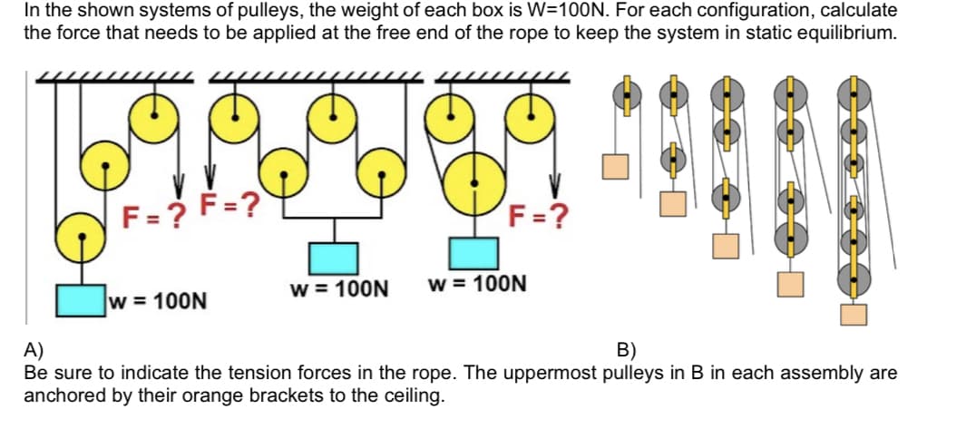 In the shown systems of pulleys, the weight of each box is W=100N. For each configuration, calculate
the force that needs to be applied at the free end of the rope to keep the system in static equilibrium.
F=?
F=?
w = 100N
F=?
W = 100N W = 100N
A)
B)
Be sure to indicate the tension forces in the rope. The uppermost pulleys in B in each assembly are
anchored by their orange brackets to the ceiling.