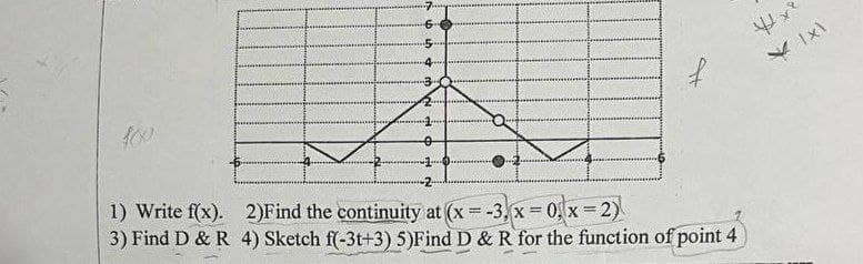 1) Write f(x). 2)Find the continuity at (x -3, x 0, x = 2)
3) Find D & R 4) Sketch f(-3t+3) 5)Find D & R for the function of point 4
