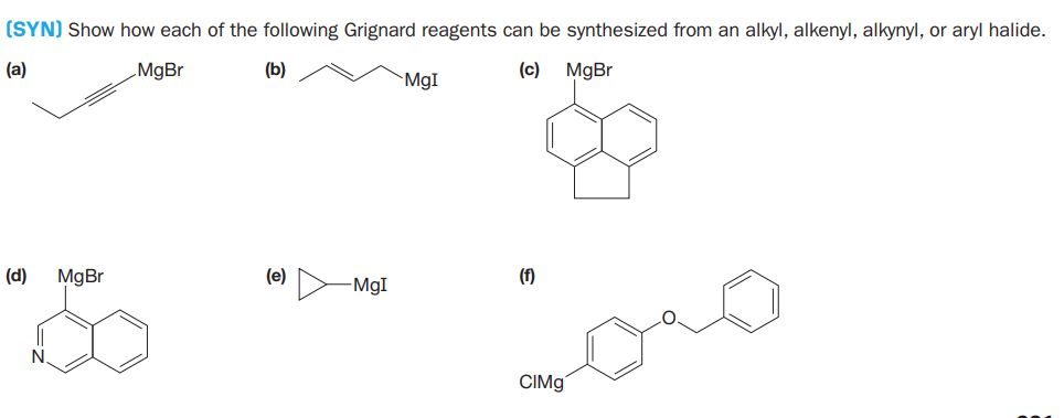 (SYN) Show how each of the following Grignard reagents can be synthesized from an alkyl, alkenyl, alkynyl, or aryl halide.
(a)
MgBr
(b)
(c) MgBr
MgI
(d)
MgBr
(e)
-MgI
(f)
N.
CIMG
