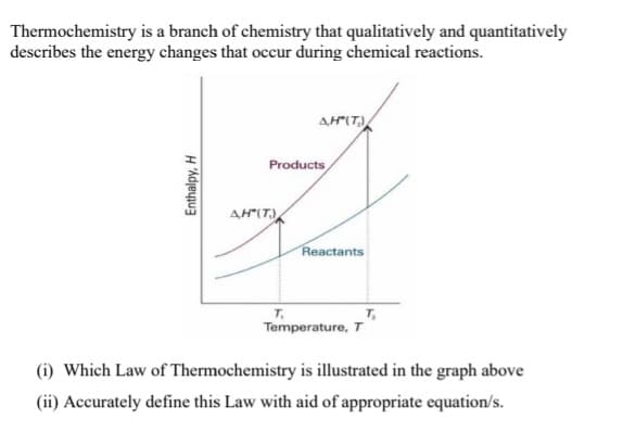 Thermochemistry is a branch of chemistry that qualitatively and quantitatively
describes the energy changes that occur during chemical reactions.
AH(T.)
Products
AH"(T)
Reactants
T,
Temperature, T
(i) Which Law of Thermochemistry is illustrated in the graph above
(ii) Accurately define this Law with aid of appropriate equation/s.
Enthalpy, H
