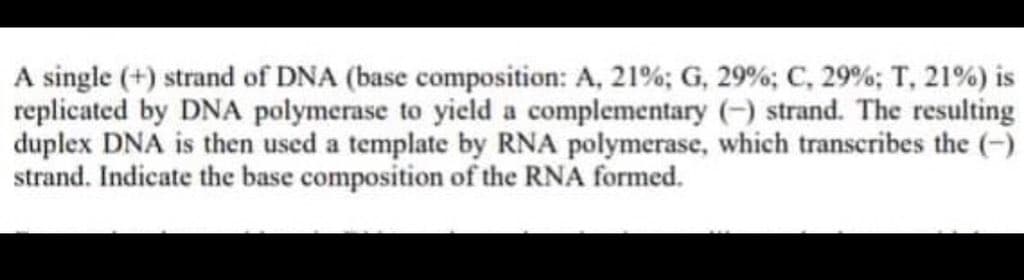 A single (+) strand of DNA (base composition: A, 21%; G, 29%; C, 29%; T, 21%) is
replicated by DNA polymerase to yield a complementary (-) strand. The resulting
duplex DNA is then used a template by RNA polymerase, which transcribes the (-)
strand. Indicate the base composition of the RNA formed.
