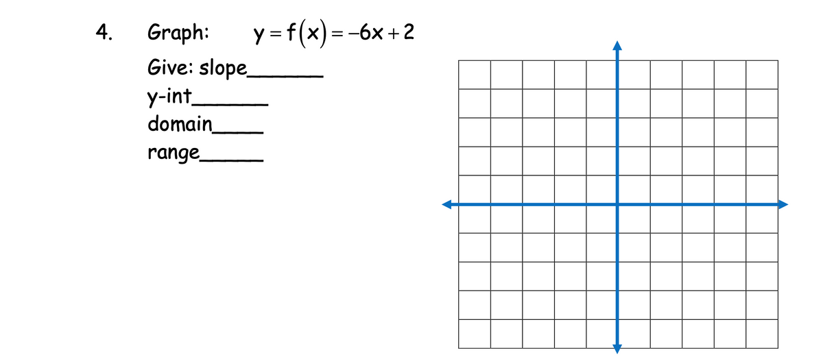 Graph:
y = f(x) =-6x +2
4.
Give: slope_
y-int
domain
range
