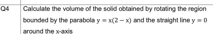 Q4
Calculate the volume of the solid obtained by rotating the region
bounded by the parabola y = x(2 - x) and the straight line y = 0
around the x-axis
