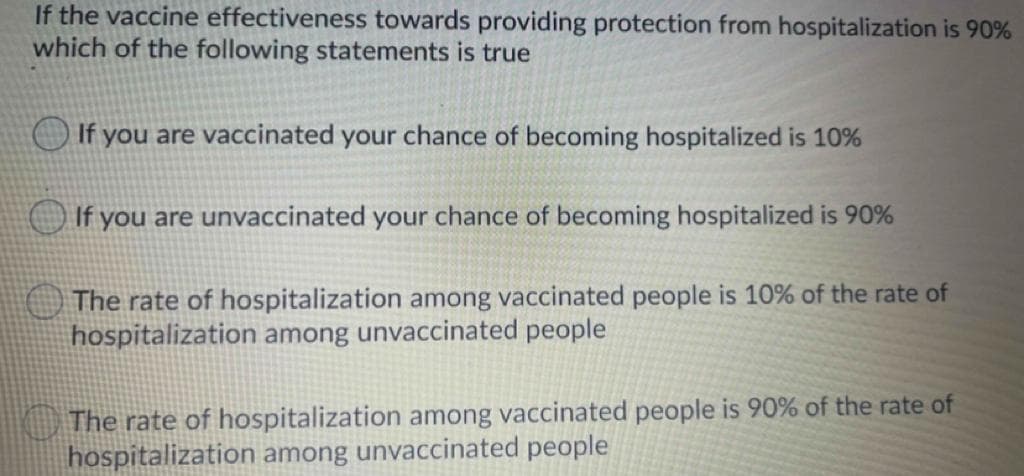 If the vaccine effectiveness towards providing protection from hospitalization is 90%
which of the following statements is true
If you are vaccinated your chance of becoming hospitalized is 10%
If you are unvaccinated your chance of becoming hospitalized is 90%
The rate of hospitalization among vaccinated people is 10% of the rate of
hospitalization among unvaccinated people
The rate of hospitalization among vaccinated people is 90% of the rate of
hospitalization among unvaccinated people
