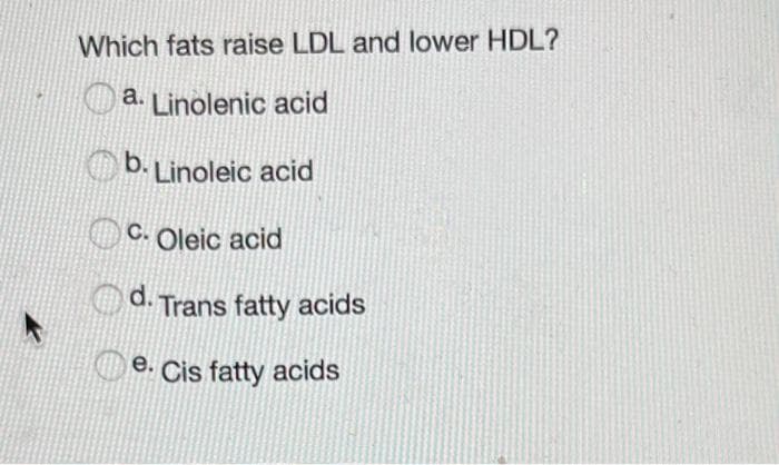 Which fats raise LDL and lower HDL?
Oa. Linolenic acid
b. Linoleic acid
OC. Oleic acid
d. Trans fatty acids
e. Cis fatty acids
