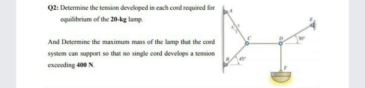 Q2: Determine the tension developed in each cord required for
equilibrium of the 20-kg lamp.
30
And Determine the maximum mass of the lamp that the cord
system can support so that no single cord develops a tension
B
45
exceeding 400 N.
