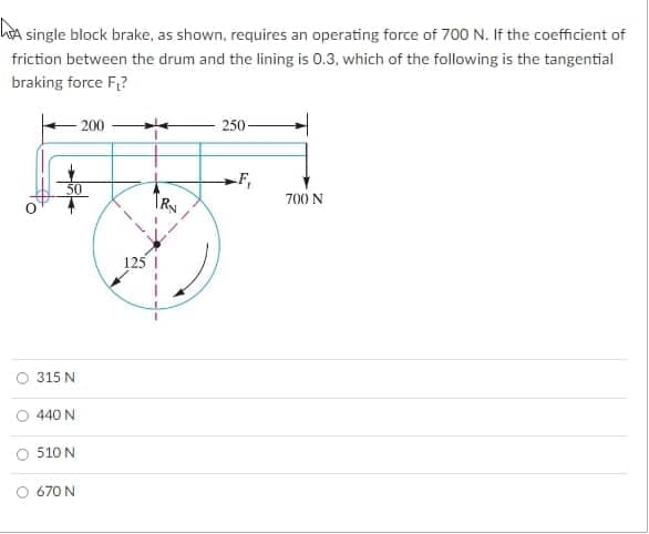 A single block brake, as shown, requires an operating force of 700 N. If the coefficient of
friction between the drum and the lining is 0.3, which of the following is the tangential
braking force F₁?
200
250
700 N
50
315 N
440 N
510 N
670 N
RN