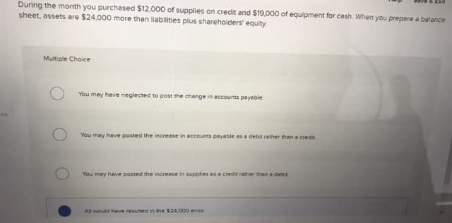 During the month you purchased $12,000 of supplies on credit and $19,000 of equipment for cash. When you prepare a balance
sheet, assets are $24,000 more than liabilities plus shareholders' equity.
Multiple Choice
You may have neglected to post the chenge in accounts payable.
ces
You may have posted the increase in accounts payable as a debit rather than a credit.
You may have posted the increase in supplies as a credit rather than a debit
All would heve resulted in the $24,000 error.
