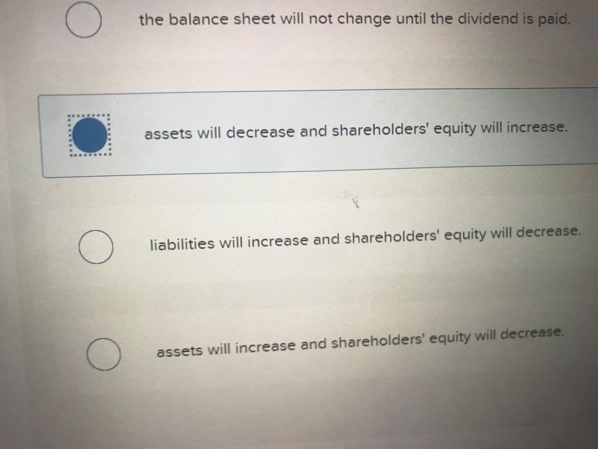 the balance sheet will not change until the dividend is paid.
assets will decrease and shareholders' equity will increase.
liabilities will increase and shareholders' equity will decrease.
assets will increase and shareholders' equity will decrease.
